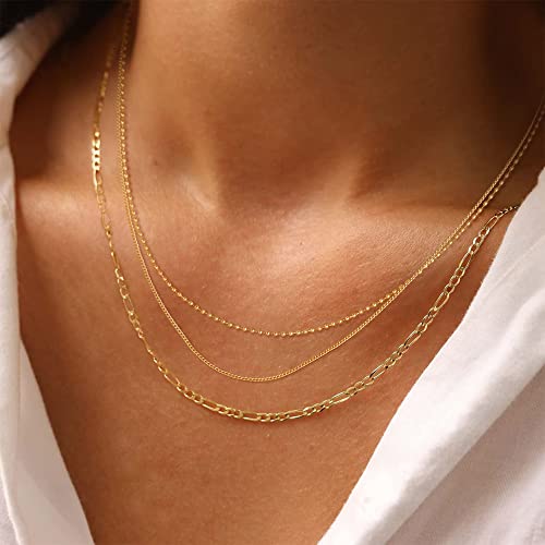 Freekiss Women's Layered Necklace Set - 3 Piece Dainty Gold Jewelry for Everyday Stacking | 14K Gold Plated Snake Chain, Rope Chain, Cuban Chain | Adjustable Length 14-18.5 Inch | Gift Ready - color: Gold, style: Beads+Cuban+Figaro