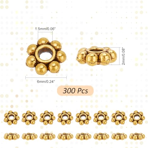 PH PandaHall 300pcs Tibetan Flower Spacer Beads, 6mm Antique Golden Alloy Daisy Beads Snowflake Loose Beads Jewelry Spacers for Bracelet Necklace Earring Jewelry Making Supplies - color: Antique Golden