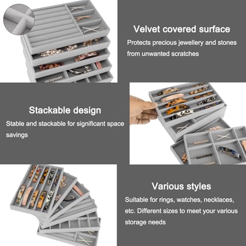 12Pcs Velvet Stackable Jewelry Trays, Jewelry Drawer Organizer, Large Removable Display Jewelry Tray, Necklace Bracelet Storage Box for Earring, Ring, Brooch, Watch (Grey) - color: Grey