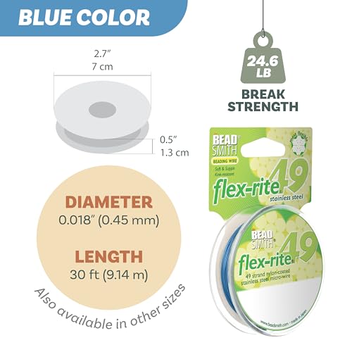 The Beadsmith Flex-Rite Beading Wire - 49-Strand Nylon-Coated Stainless-Steel Wire, 0.018" (0.45 mm) Dia, Blue, 30 ft Spool, Durable Necklace & Bracelet String, for Jewelry Making Supplies - color: Blue, size: .018” Dia - 30 ft