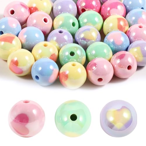 15Pcs Acrylic Beads Round 16mm UV Fruit Print Fit for DIY Jewelry Bracelet Necklace Keychain Beadable Pens Mobile Phone Chain Making Cute (Heart Mixed Color) - color: Heart Mixed Color