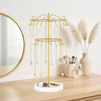 iDavosic.ly 2 Tier Rotating Necklace Holder Organizer with 42 Hooks, Adjustable Metal Bracelet Display Stand Rack, Extra Tall Keychain Spinning Tree Tower for Women, Wooden Base | White & Gold - color: White with Wooden Tray