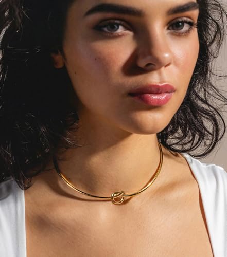 Aobei Pearl 18K Gold Plated Cuff Choker Necklace for Women Chunky Wire Chain Collar Jewelry - style: Love Knot