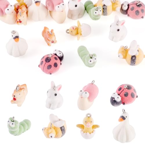 Beadthoven 16Pcs Resin Animal Charms Fuzzy Cute Rabbit Ladybug Bee Worm Duck Mini Pendants Animal Figures Miniature Ornament Cute Charms for Jewelry Making DIY Bracelet Necklace Earrings Keychain - color: Fuzzy-8 Styles