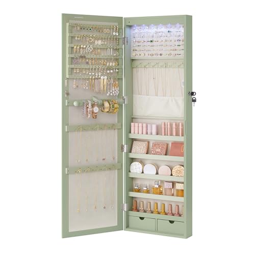 SONGMICS 6 LEDs Mirror Jewelry Cabinet, 47.2-Inch Tall Lockable Wall or Door Mounted Jewelry Armoire Organizer with Mirror, 2 Drawers, 3.9 x 14.6 x 47.2 Inches, Laurel Green UJJC093C01 - color: Laurel Green