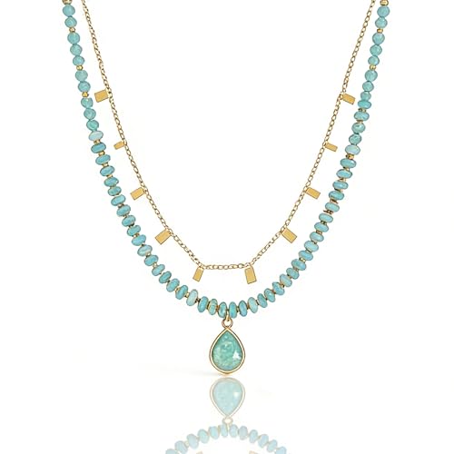 Plumiss Boho Handmade Natural Jasper Stone Beaded Crystal Mixed Strand Short Necklace for Women Girl - color: Amazonite Charm