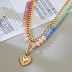 Layered Necklaces for Women, 14K Gold Plated Heart Pendant & Colorful Acrylic Beaded Choker, Cute Trendy Jewelry, Anti-Tangle Single Clasp Design, Summer Beach Boho Necklace for Women