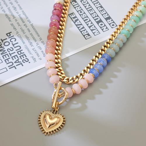 Layered Necklaces for Women, 14K Gold Plated Heart Pendant & Colorful Acrylic Beaded Choker, Cute Trendy Jewelry, Anti-Tangle Single Clasp Design, Summer Beach Boho Necklace for Women