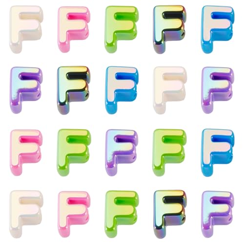 Beadthoven 20pcs Big Letter F Beads Large Hole Bubble Alphabet Acrylic Beads Charm Iridescent Plastic F Shape Loose Chunky Spacers for Jewelry Making Bracelet Necklace Keychains Shoelaces Crafts - color: F