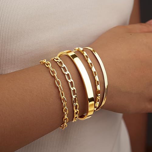 Gold Bracelets Set for Women Stack, Chunky Thick Bracelets Stack for Women Trendy, Simple Dainty Thin Gold Plated Cuff Stackable Bracelets With Beaded Cuban Paperclip Snake Rope Bangle Hand Chain Jewelry - style: Style 08-gold