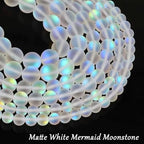 6MM/8MM/10MM-Matte White Aurora Crystal Glass Beads, Frosted Glitter Shining Mermaid Round Loose Beads, Rainbow Holographic Synthetic Moonstone for Jewelry Making DIY Bracelet (6MM) - size: 6MM