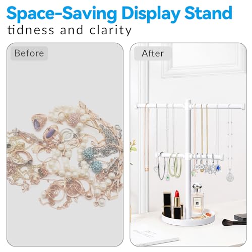 bodkar Necklace Holder Organizer Stand,2-Tier Sturdy Metal Jewelry Stand with Round Tray for Bracelet Bangles Holder Display,12.9" Tall for Long Necklace - color: White