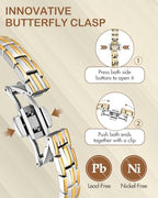 Feraco 5X Strength Magnetic Bracelets for Women, Stainless Steel Magnet Bracelet with Ultra Powerful 5000 Gauss Magnets, Upgraded Butterfly Clasp, Adjustable Jewelry Gift - color: Silver & Gold