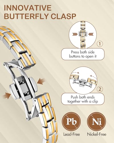Feraco 5X Strength Magnetic Bracelets for Women, Stainless Steel Magnet Bracelet with Ultra Powerful 5000 Gauss Magnets, Upgraded Butterfly Clasp, Adjustable Jewelry Gift - color: Silver & Gold