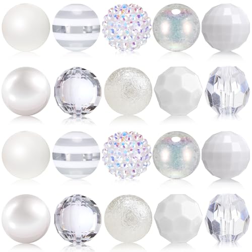 Ferreve 20 Pcs Chunky Bubblegum Beads 20mm Focal Pen Large Rhinestone Pearl Beads for DIY Beadable Pen School Jewelry Making Keychain Craft Making(White) - color: White