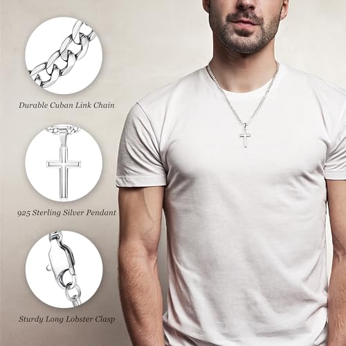 Besteel 925 Sterling Silver Cross Necklace for Men Women - 5mm 316L Stainless Steel Cuban Link Chain - Religious Baptism Easter Spring Cross Pendant Simple Faith Jewelry 16-30 Inches - size: 24 in=61 cm (Men's Long)