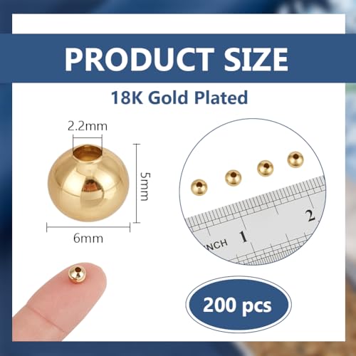 BENECREAT 200Pcs Real 18K Gold Plated Stainless Steel Spacer Beads, Round Spacers Beads, 2.2mm Hole Metal Smooth Bead for DIY Bracelet Necklace Jewelry Crafts Making - size: Hole: 2.2mm