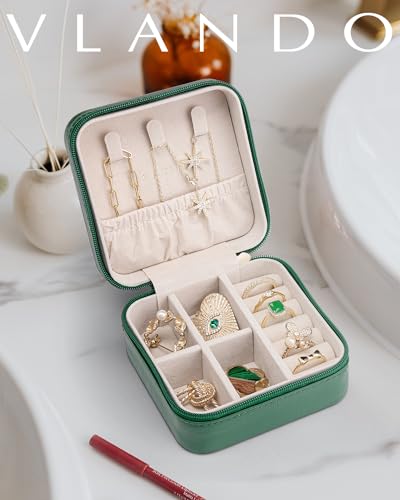 VLANDO Small Travel Jewelry Box Organizer - Girls Women Gift Rings Earrings Necklaces Jewelry Storage Display Case Dark Green - color: H.Dark Green