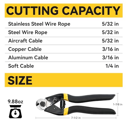 GRENPRO Cable Cutter, 7-1/2 Inch Heavy Duty Wire Rope Cutter, Chrome Vanadium Steel Jaw, For Hard Wire Ropes, Steel Wires And Aircraft Cables