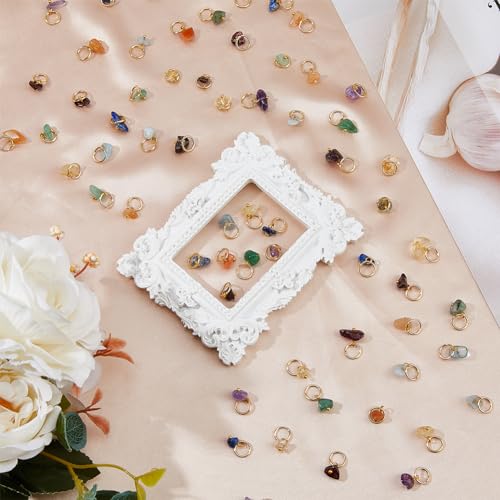 SUPERFINDINGS 84Pcs 7 Colors Natural Stone Pendants Mixed Gemstone Charms with Light Gold Stainless Steel Jump Ring Mixed Color Dangle Charms for Earring Necklace Bracelet Jewelry Making 14mm - color: Golden