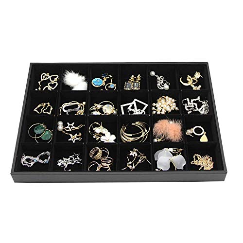 Black Velvet Stackable 24 Grid Jewelry Tray Showcase Display Organizer Holder Dividers for Teen Stud Drop Earring, Watch, Bead, Trinket Storage Adjustable Box Case Dish for College Dorm Woman Drawer - color: Black 24 Grid