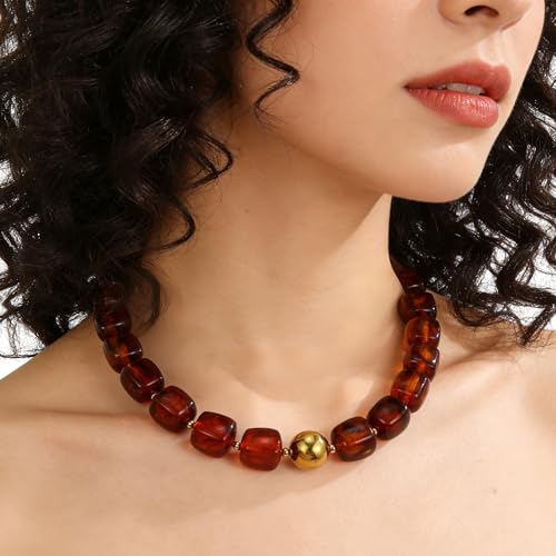 Colorful Beaded Choker Necklace for Women Boho Large Square Acrylic Beaded Necklace Adjustable Surfer Beach Strand Necklces Summer Jewelry Accessories - color: Brown