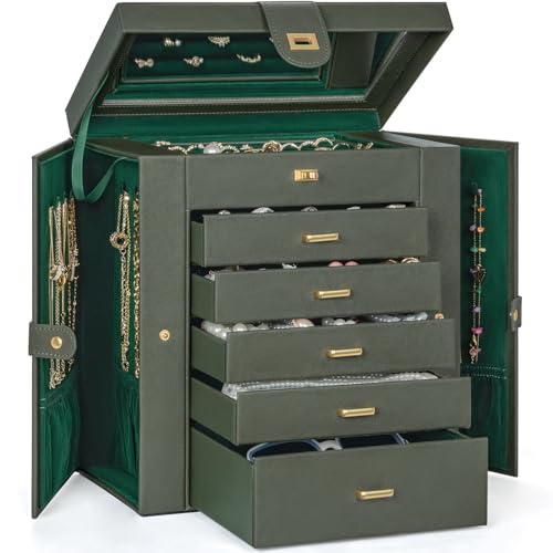AKOZLIN Huge Jewelry Box Organizer Functional Large Leather Jewelry Storage Case for Women Girls Ring Necklace Earring Bracelet Holder Organizer with Mirror - color: Drak Green, size: Extra Large