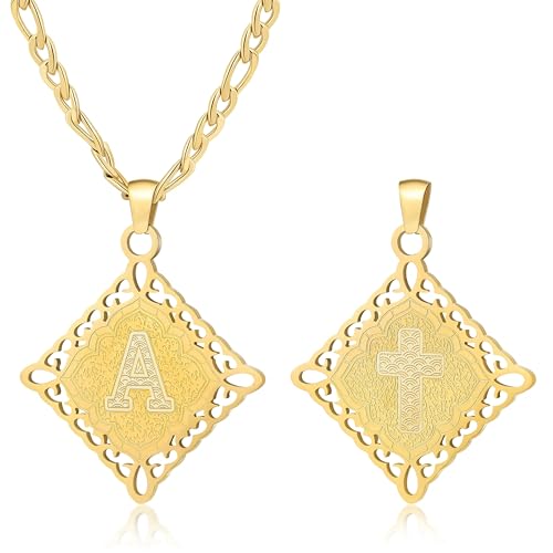 LETFLY Initial Necklaces for Women Men, 18K Gold Plated Letter Cross Pendant Necklace Alphabets A-Z Figaro Chain Jewelry Gifts - color: Rhombic, style: Letter A