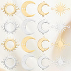 SUNNYCLUE 1 Box 32Pcs 8 Styles Moon Connector Charms Sun and Moon Charms Bulk Gold Silver Stainless Steel Hollow Crescent Connectors Pendants for Jewelry Making DIY Links Craft Supplies Earrings