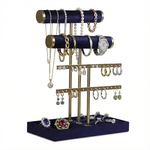 Jewelry Tower Stand Organizer for Women - Soft Touch Velvet Elegant Jewelry Holder Display with Necklace Holder, Earring Organizer & Bracelet Rack - Tabletop Stand for Dresser, Vanity, Desk - Blue - color: Blue