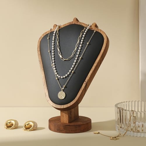 TANG SONG 8.27" Walnut Wooden Base Leather Soft Mat Necklace Display Stand Jewelry Organizer Holder (Walnut-Black) - color: Walnut - Black
