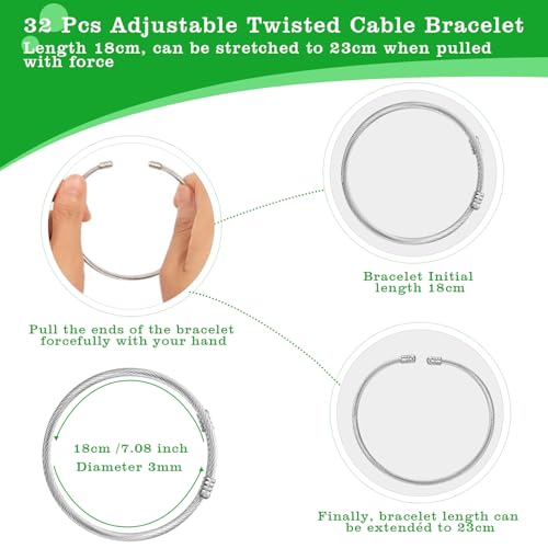 32 Pieces Twisted Cable Wire Bracelet Stylish Fine Stainless Steel Open Cuff Bracelets Mixed 3mm Thin Adjustable Expandable Elastic Bangle Bracelets for Women DIY Jewelry Making Christmas Day Gift