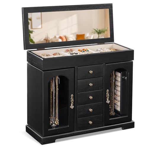 Miratino Jewelry Box for Women Girls, Wooden Jewelry Organizer Box with Mirror, 5 Layer Jewelry Storage Case Display for Necklaces Earrings Rings Bracelets Valentine's Day Gifts - color: Black