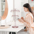 iDavosic.ly 2 Tier Rotating Necklace Holder Organizer with 42 Hooks, Adjustable Metal Bracelet Display Stand Rack, Extra Tall Keychain Spinning Tree Tower for Women, Rose Gold - color: Rose Gold
