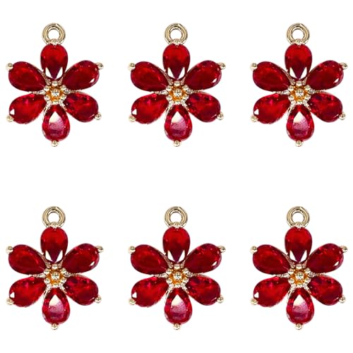 Crystal Zirconia Gold Plated Brass Charms for Jewelry Making Bracelet Necklace Earring Pendant Craft Supplies DIY Accessories - color: FlowerA-Red-6Pcs