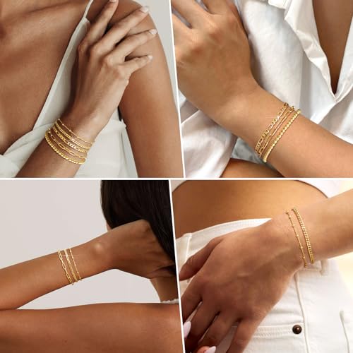 adoyi Gold Bracelets for Women, 14K Gold Plated Stackable Bracelet Stack Set Adjustable Charm Paperclip Chain Cuban Link Layered Waterproof Jewelry Sets Gifts for Womens - color: Gold 6.8 IN General Wrist