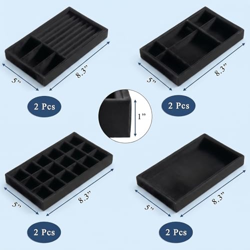 Elsjoy 8 Pack 4 Styles Black Velvet Jewelry Trays, Jewelry Organizer Tray Stackable Jewelry Storage Tray for Drawer, Rings, Earrings, Necklace
