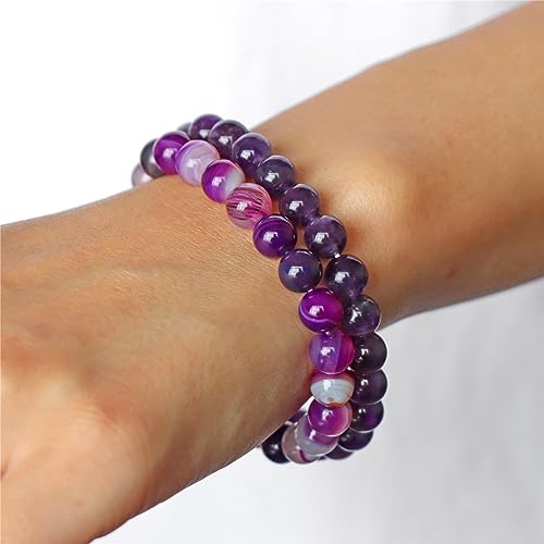 3 PCS Healing Crystal Bracelets for Women 8mm Natural Stone Beaded Stretch Bracelet Amethyst Jewelry Gifts - color: 09 8mm Amethyst & Purple Agate
