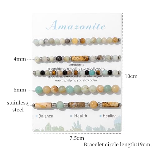 5Pcs Crystal Bracelet for Women Spiritual Natural Stone Bracelet Set Stackable Beaded Bracelets Healing Crystal Bracelet Gemstone Bead Bracelet Beaded Stretch Bracelets for Women - style: Amazonite