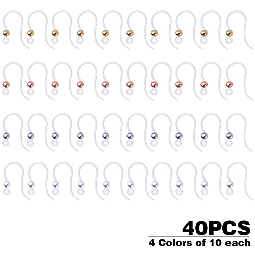 40pcs Plastic Earring Hooks Ear Wire Ball Dots Safety Non-Allergenic Ear Wires Hooks Earring Findings for DIY Jewelry Making, 4 Colors
