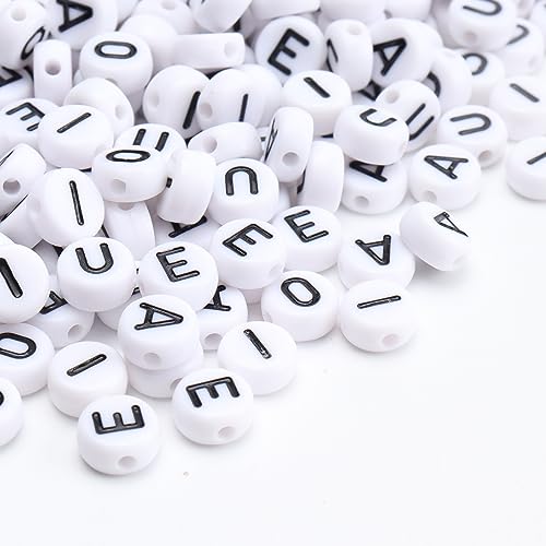 500Pcs Letter Beads 4x7mm White Round Acrylic Alphabet Beads Letter A E I O U Beads for Jewelry Making DIY Bracelets Necklaces Key Chains - color: A E I O U 500Pcs