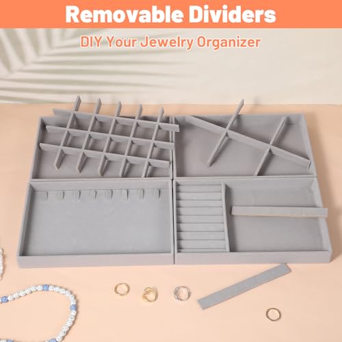 Set of 4 Stackable Velvet Jewelry Trays for Drawers,Grey Jewelry Drawer Inserts with Removable Dividers, Velvet Jewelry Container Display Case Storage for Earring Necklace Rings Bracelet