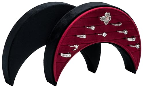 Velvet Multiple Ring Box Organizer Display Tray Crescent Moon Shape Jewelry Box Earring Holder Case for Wedding Birthday Christmas Day (Black and Red)