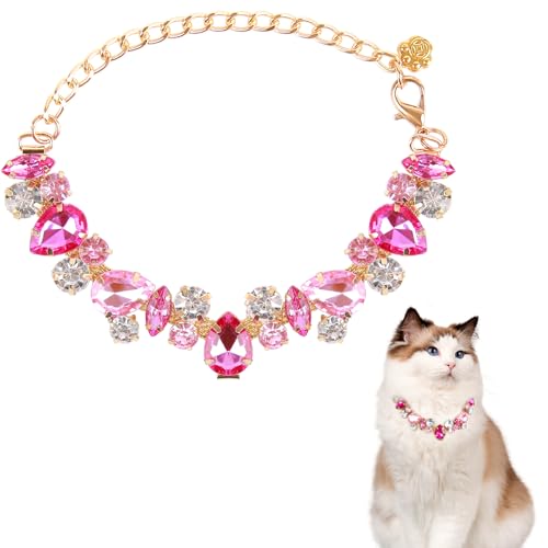 HOWWFALY Dog Collar and Cat Collar Gold Chain Necklace Stainless Steel Adjustable Pink Diamonds Collar with Cute Pet Paw for Small Medium Pets Cats Dogs Kitten Puppy(Pink, M) - color: Pink, size: Medium