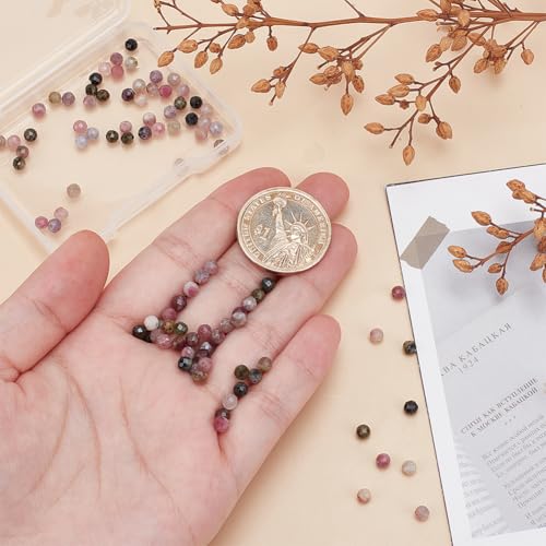 90PCS Faceted Natural Tourmaline Beads 4mm Round Small Gemstone Strands Mixed Color Loose Spacer Seed Beads for Fine Wire DIY Necklace,Hole:1mm