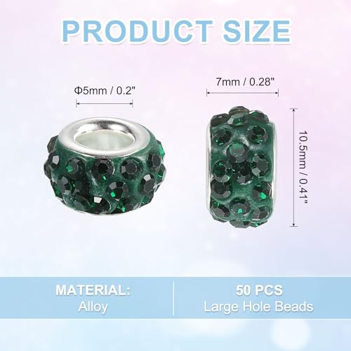 uxcell 50Pcs European Large Hole Beads, Rhinestone Craft Bead Crystal Charm Spacer Beads for Pens Bracelet Making Necklace DIY Craft, Drak Green - color: Drak Green