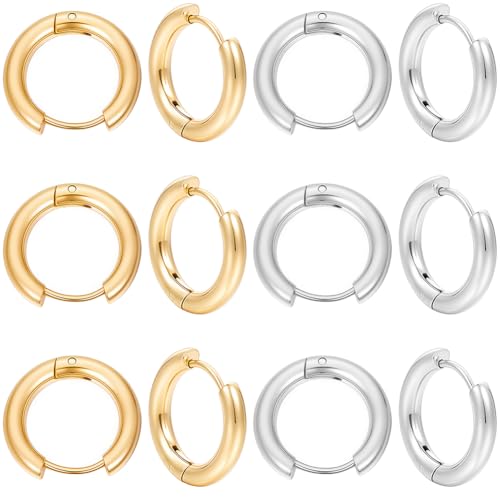SUNNYCLUE 1 Box 24Pcs 2 Colors Real 18K Gold Plated Gold Silver Huggie Earrings Stainless Steel Huggie Hoops Bulk Leverbacks Findings Metal Round Ear Hoops for Jewelry Making DIY Crafts Women Supplies - style: Chic