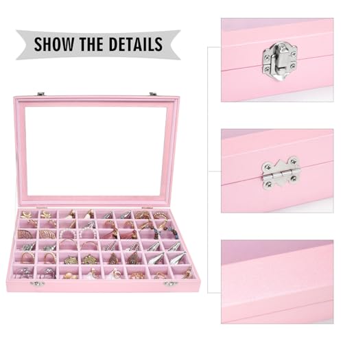 Siveit Jewelry Tray Organizer Box 48 Grid Jewelry Display Organizer Box with Transparent Lid Rings Earrings Necklaces Pendants Display Box Suitable for Women and Girls (48 Grid, Pink) - color: Pink