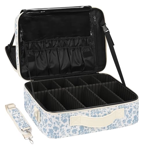 Relavel Large Makeup Bag, Floral Cosmetic Bag for Women, Professional Travel Train Case Portable Makeup Artist Bag Make Up Storage Organizer Box with Adjustable Dividers and Makeup Brush Compartment - color: Floral Print, size: Large