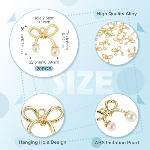 FASHEWELRY Golden Bow Connector Charms Bulk, Christmas Bowknot Link Charms, Infinity Links Geometric Hollow Bezel Pendants for Earring Bracelet Necklace Keychains Jewelry Making - color: Light Gold-Bowknot with Pearl